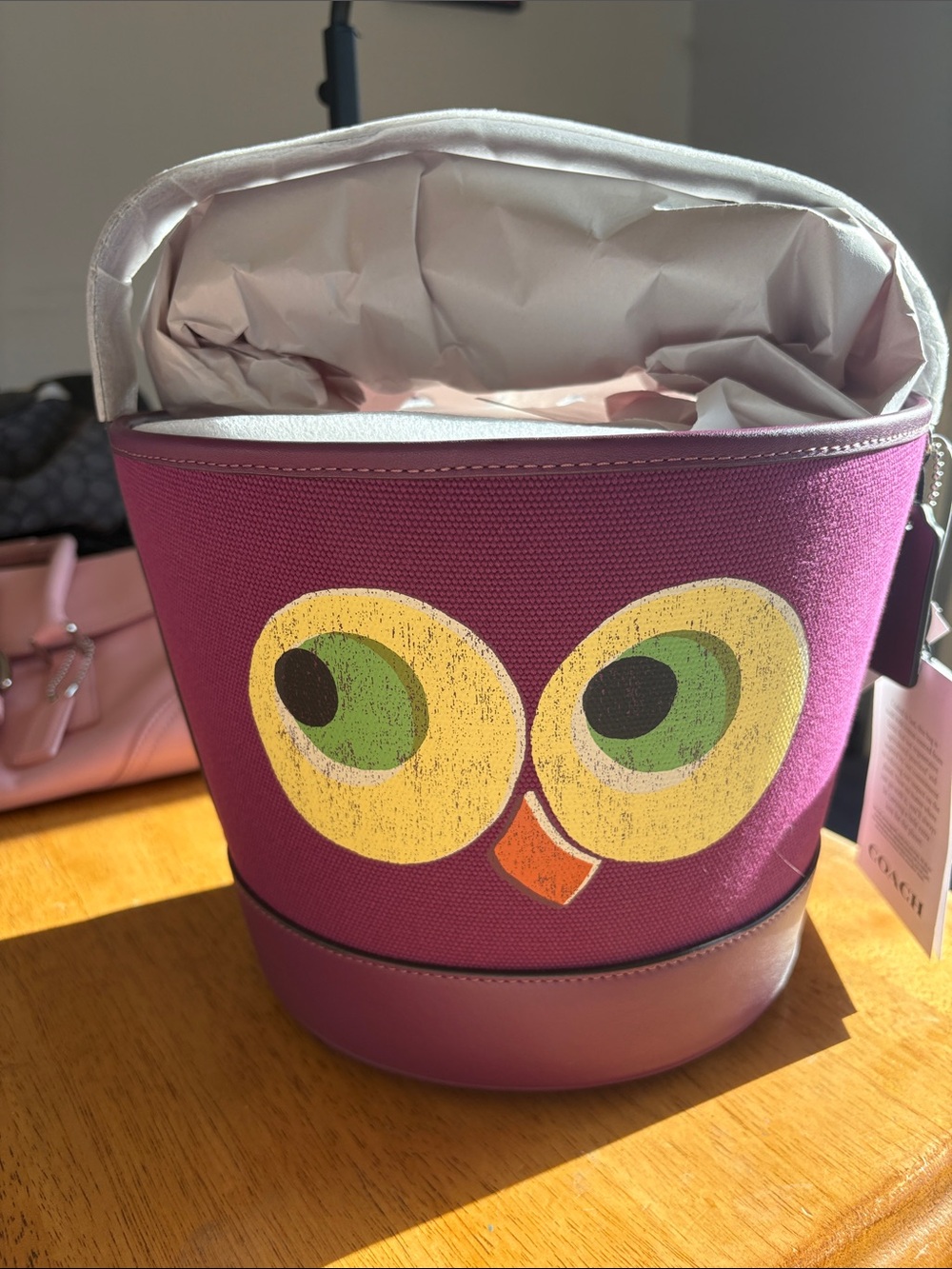 NWT Coach Purple Canvas Cosmetic Bucket Bag with Owl Print